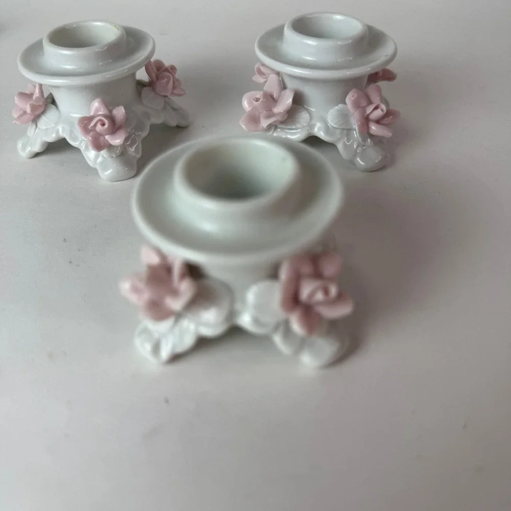 Alka Kunst Dresden Porcelain Rose Candlestick Holders Set of 3 Pink White VTG